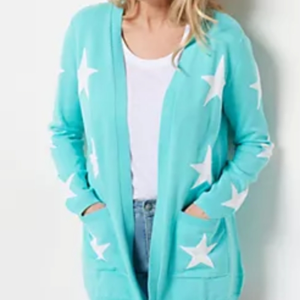 Belle by Kim Gravel Aqua Star-Print Open Cardigan